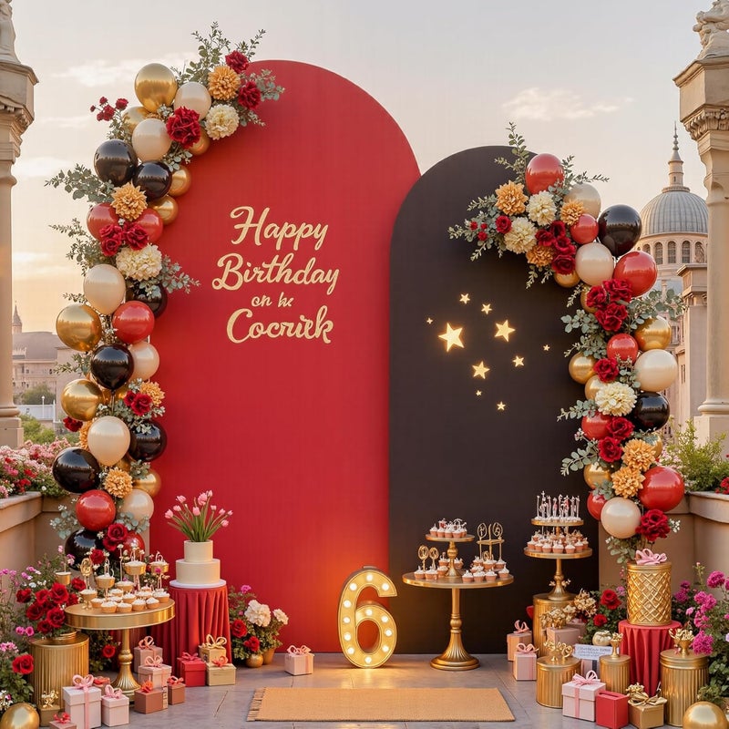 Suppromo غطاء قوس أسود أحمر 2 مجموعة - 7.2 و 6 قدم غطاء خلفية قوس سبانديكس لأغطية حامل قوس الزفاف لحفلة عيد الميلاد وحفلة استحمام الأطفال والتقاعد والتخرج وحفلة العشاء وزينة خلفية الصور للهالوين - Image 1